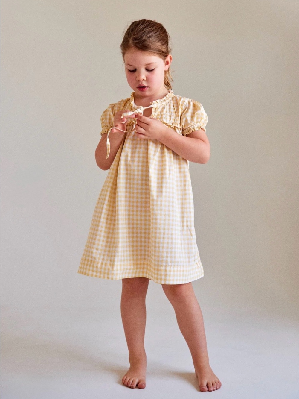 Piyama Cotton Yellow Gingham Puff-Sleeve Dress